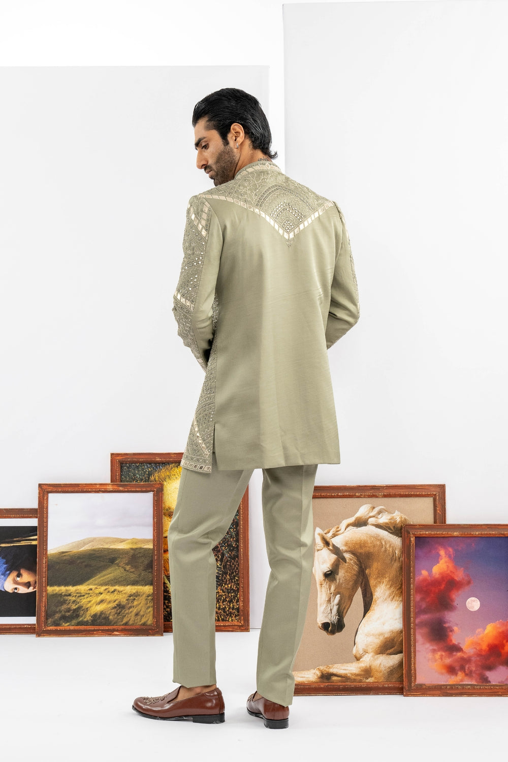 Green Raw Silk Indowestern Set
