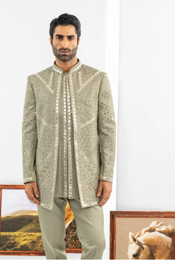 Green Raw Silk Indowestern Set