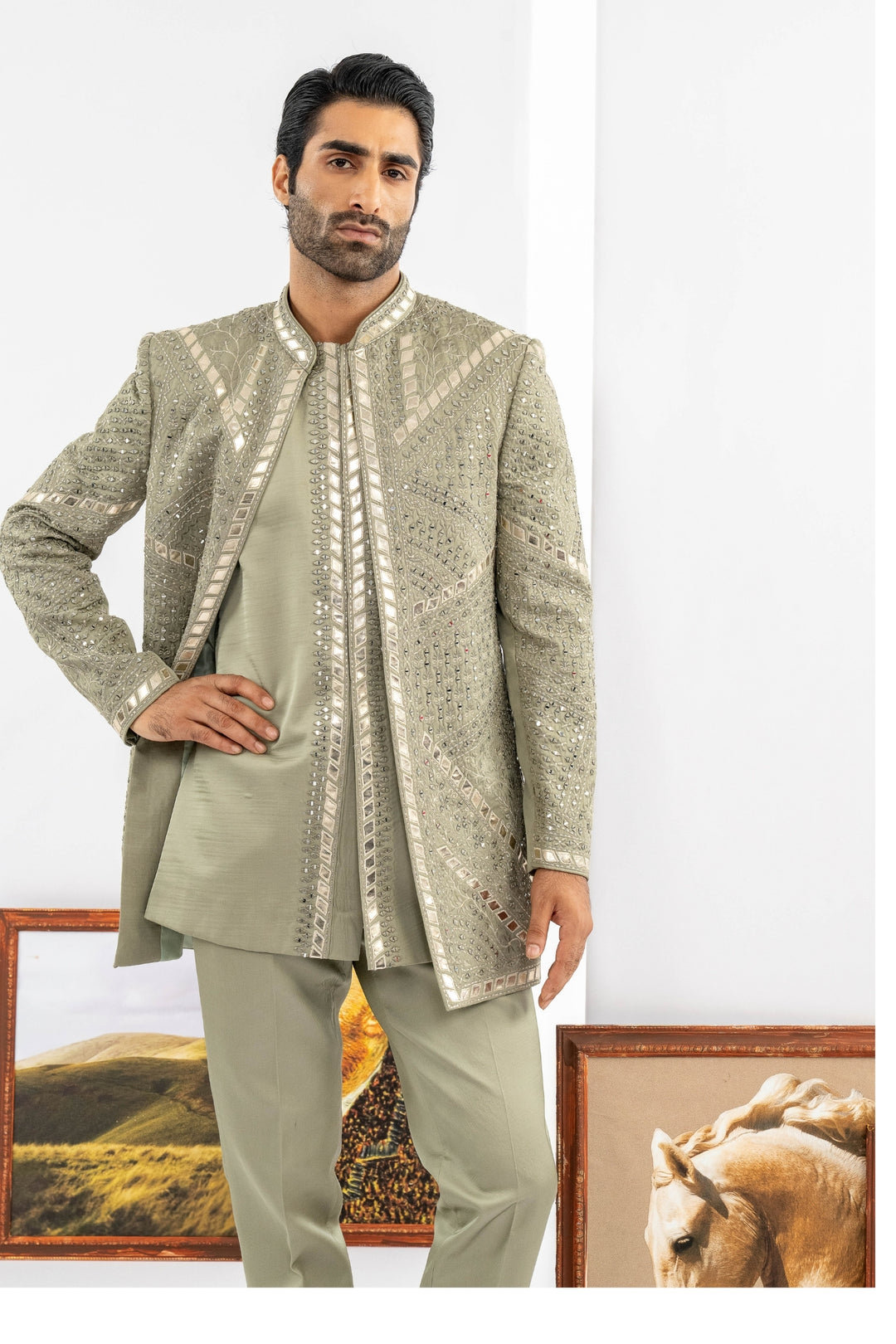 Green Raw Silk Indowestern Set – Image 6