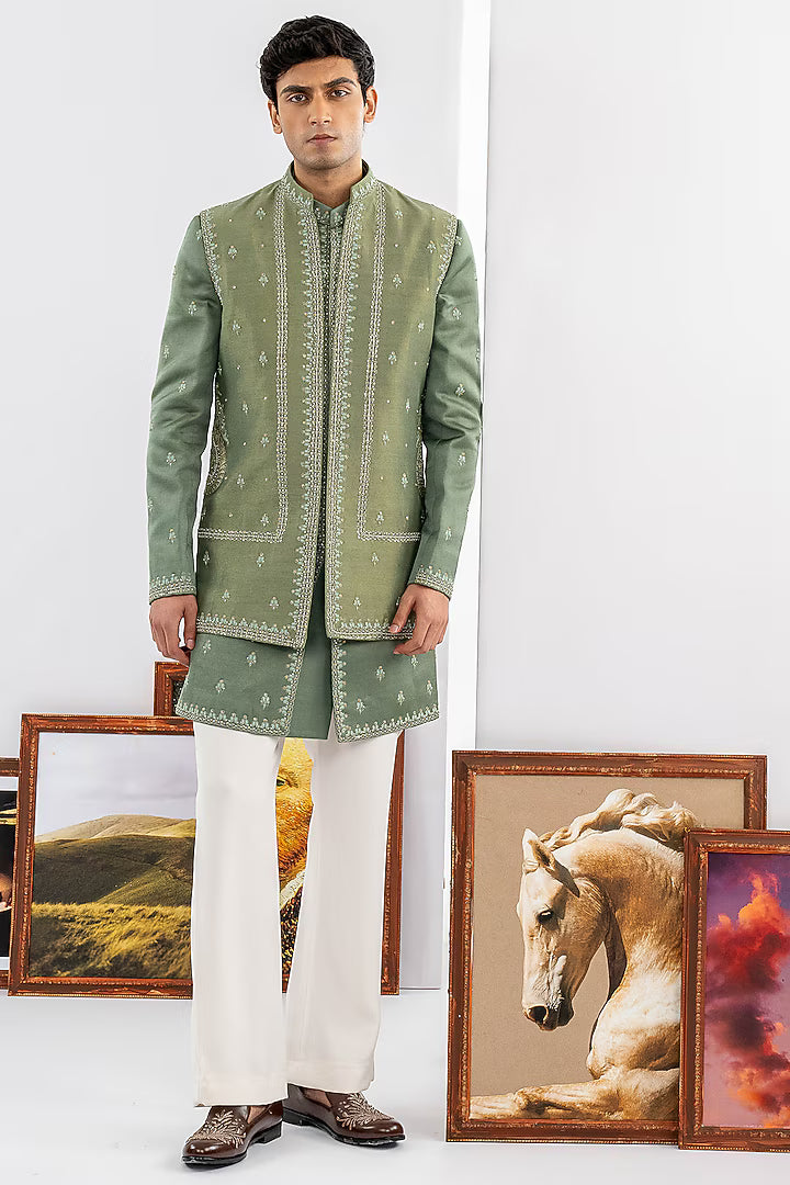 Green Tussar & Dupion Silk Machine Work Indowestern Set – Image 1