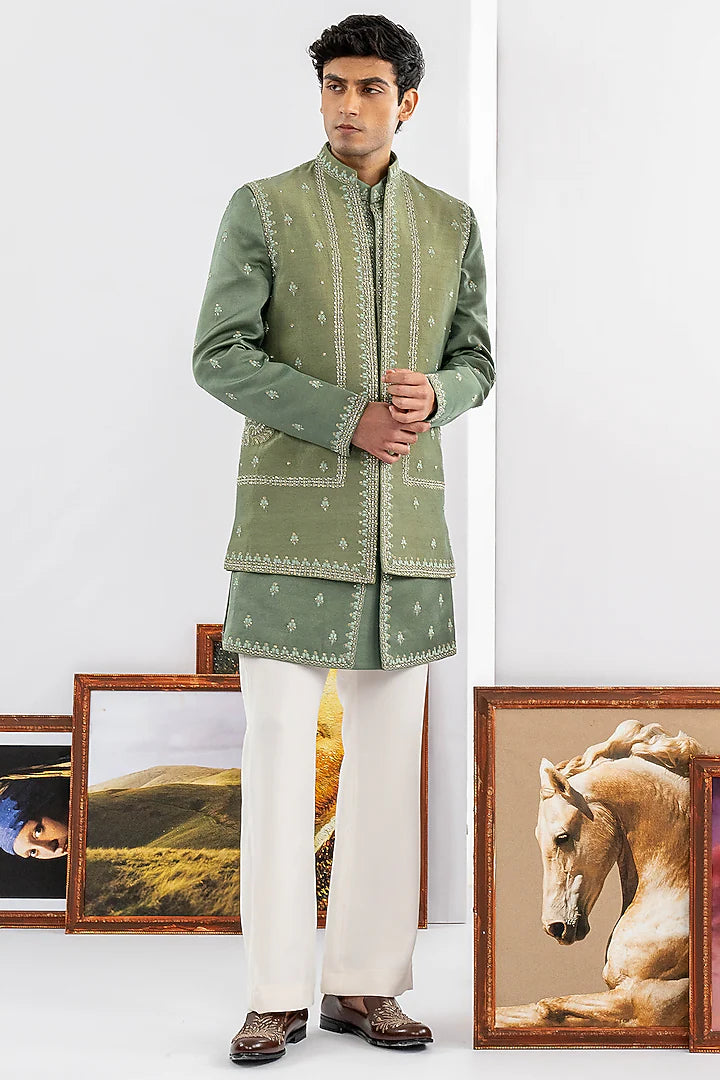 Green Tussar & Dupion Silk Machine Work Indowestern Set