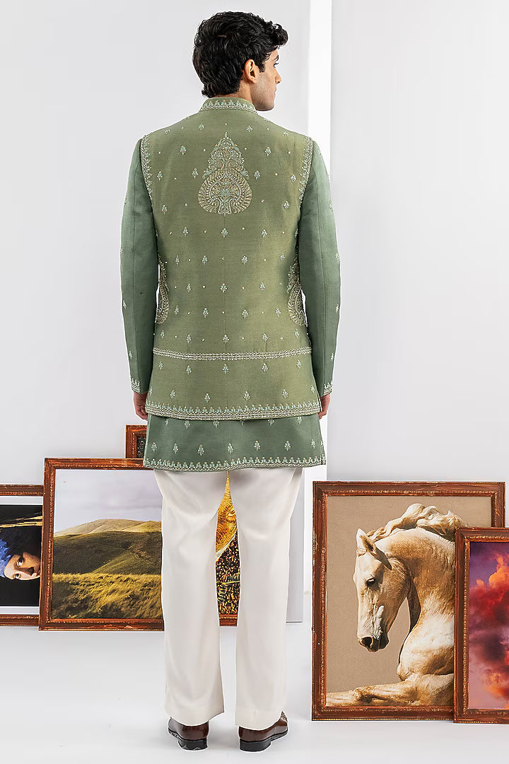 Green Tussar & Dupion Silk Machine Work Indowestern Set