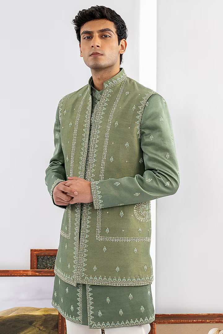 Green Tussar & Dupion Silk Machine Work Indowestern Set – Image 2