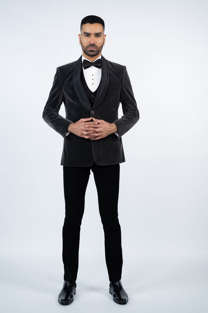 Grey Velvet Embroidered Tuxedo