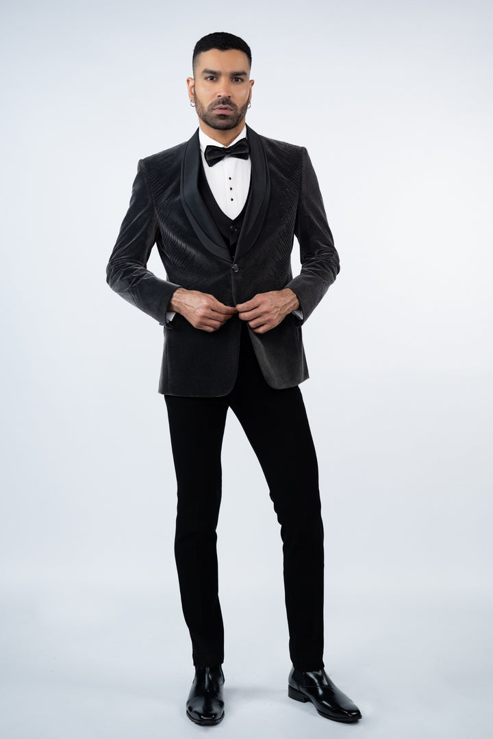 Grey Velvet Embroidered Tuxedo
