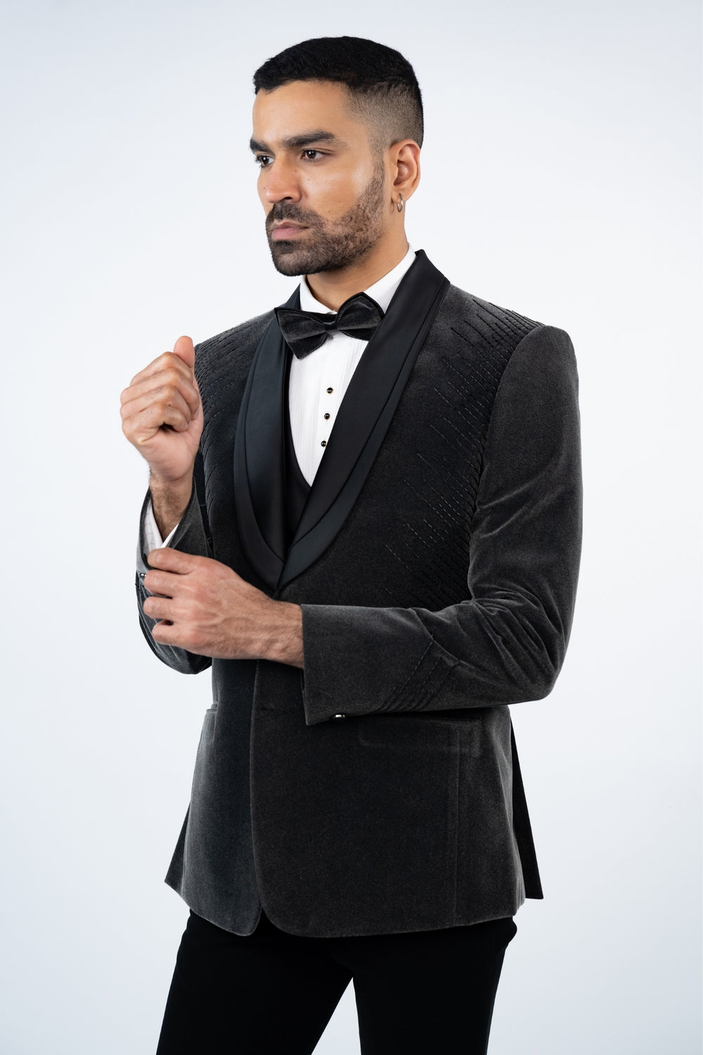 Grey Velvet Embroidered Tuxedo