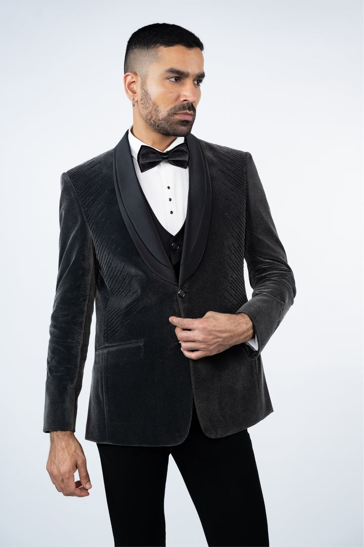 Grey Velvet Embroidered Tuxedo