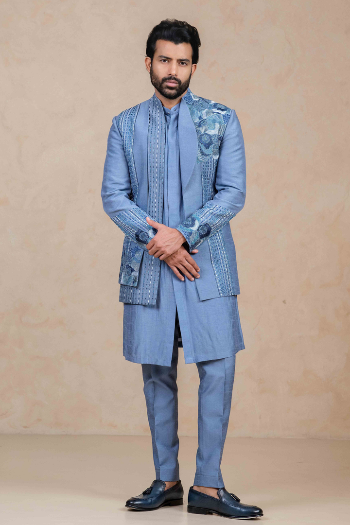 Ice Blue - Resham & Cutdana - Dupion - Indo Western