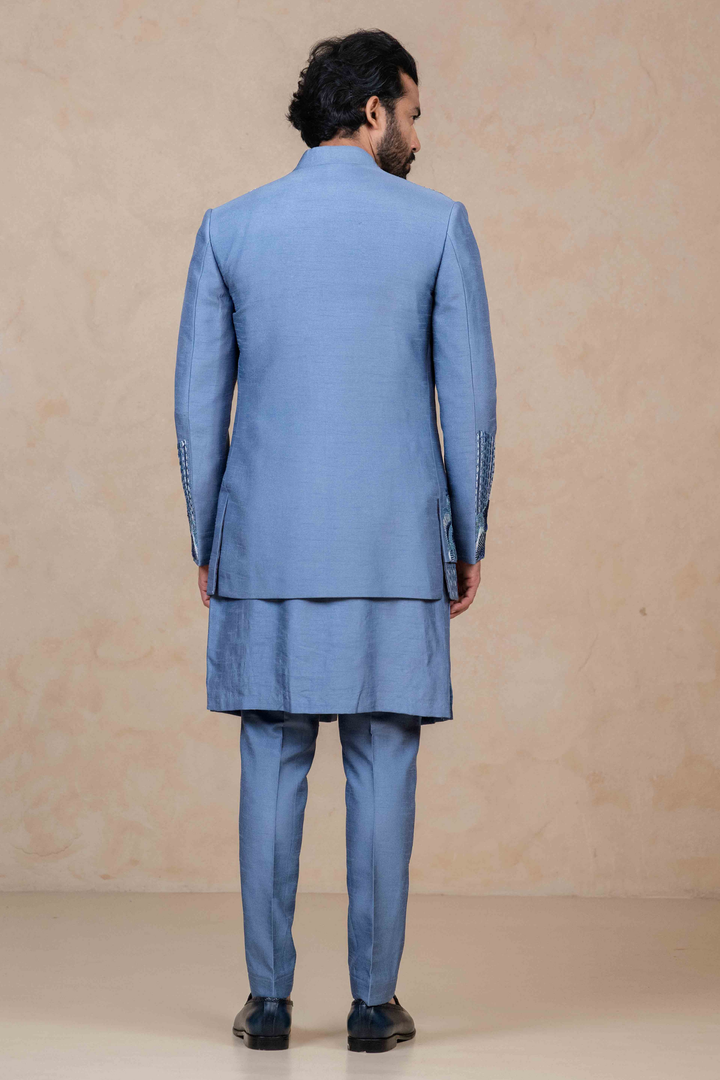 Ice Blue - Resham & Cutdana - Dupion - Indo Western