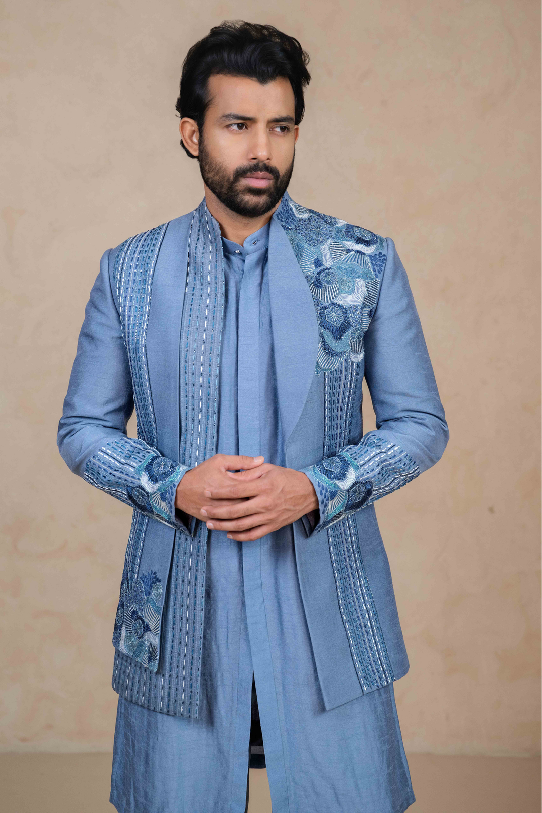 Ice Blue - Resham & Cutdana - Dupion - Indo Western – Image 5