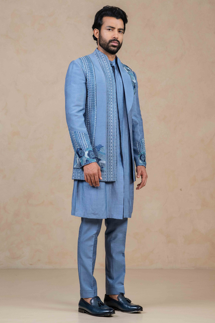 Ice Blue - Resham & Cutdana - Dupion - Indo Western