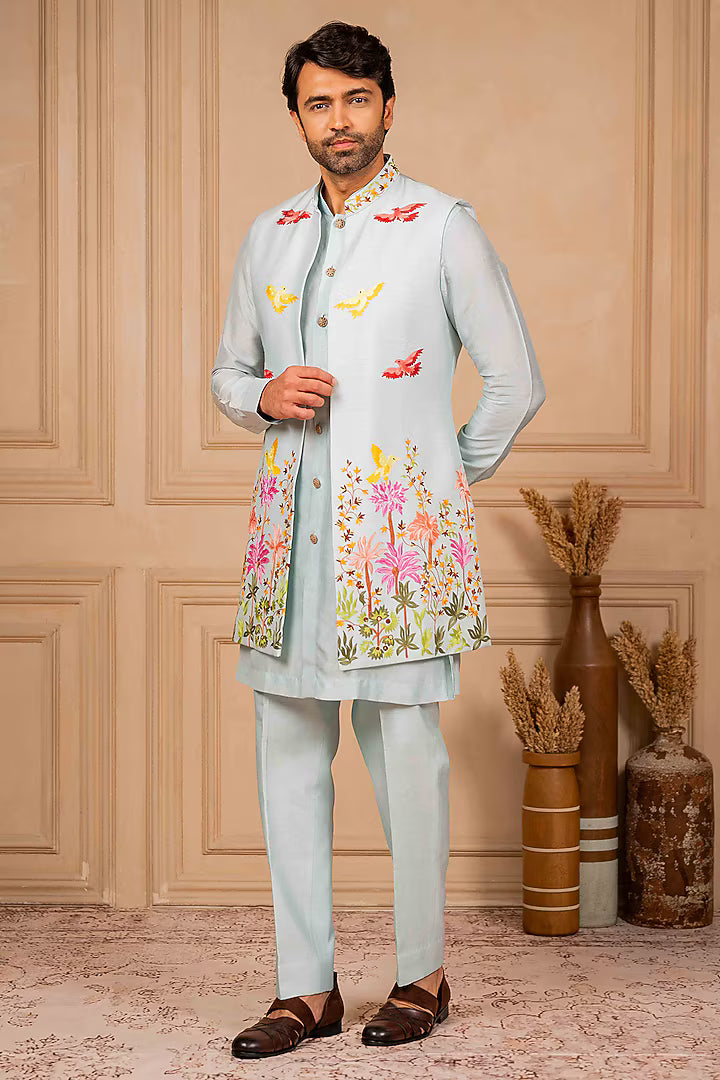 Ice Blue Long Jacket And Kurta Set