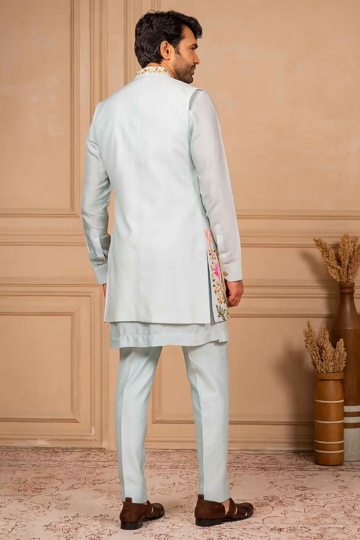 Ice Blue Long Jacket And Kurta Set
