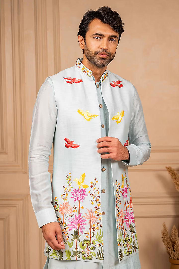 Ice Blue Long Jacket And Kurta Set
