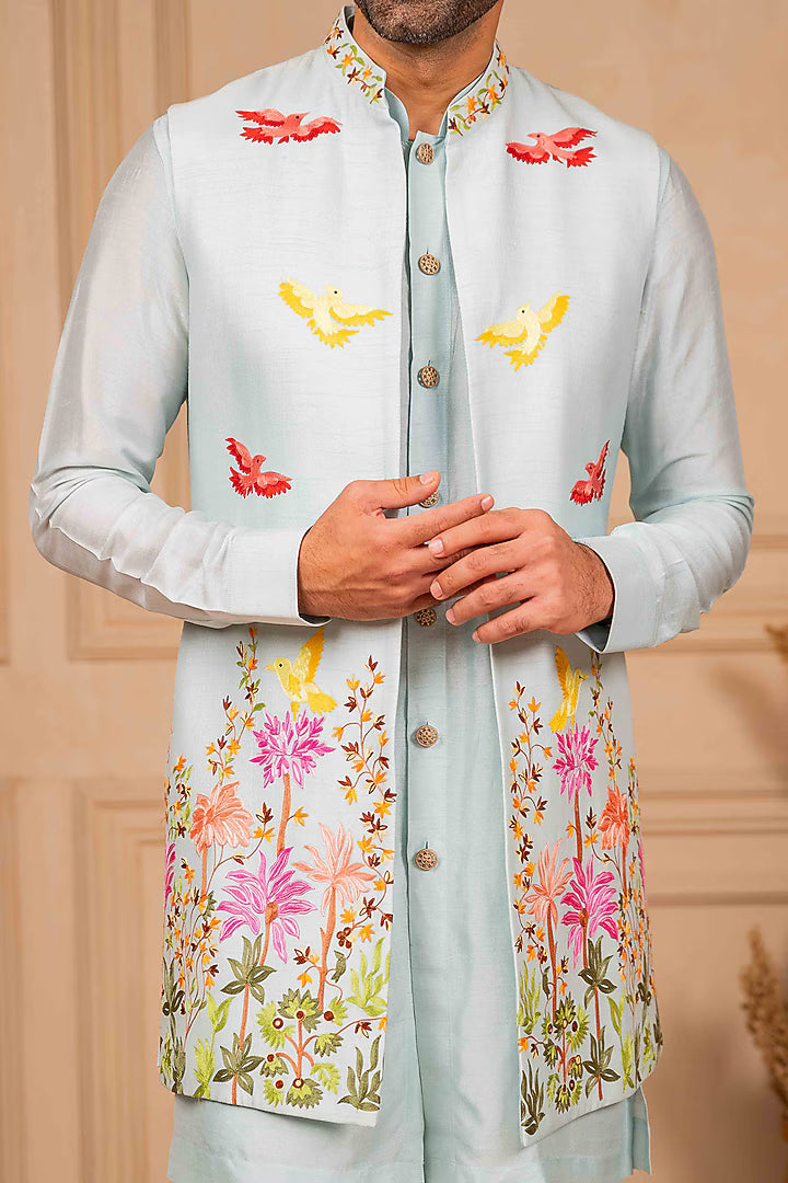 Ice Blue Long Jacket And Kurta Set
