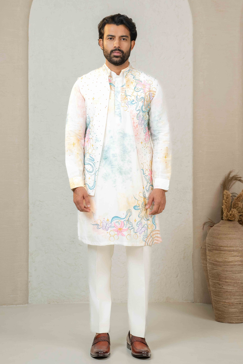 Ivory - Hand Paint & French Knots - Dupion - Indo Western