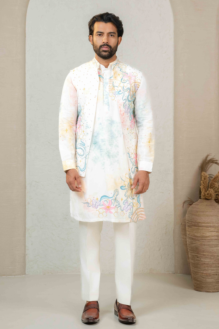 Ivory - Hand Paint & French Knots - Dupion - Indo Western