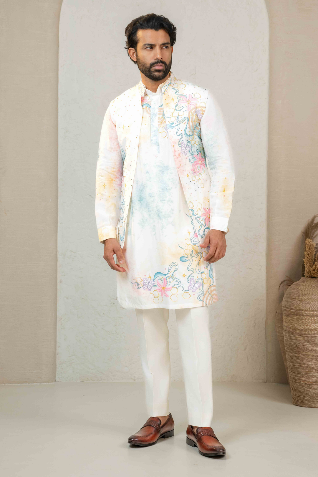 Ivory - Hand Paint & French Knots - Dupion - Indo Western – Image 3