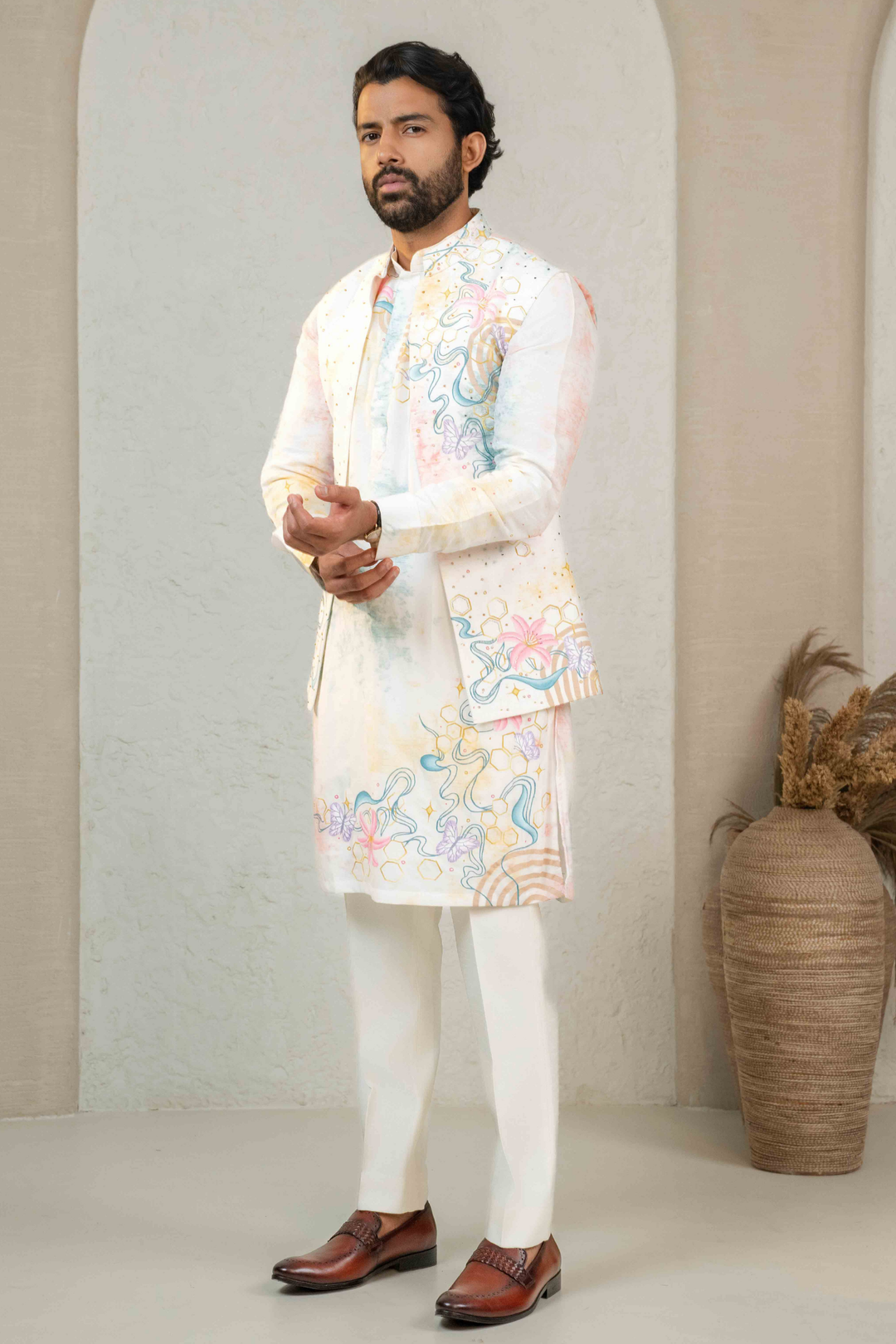Ivory - Hand Paint & French Knots - Dupion - Indo Western – Image 4