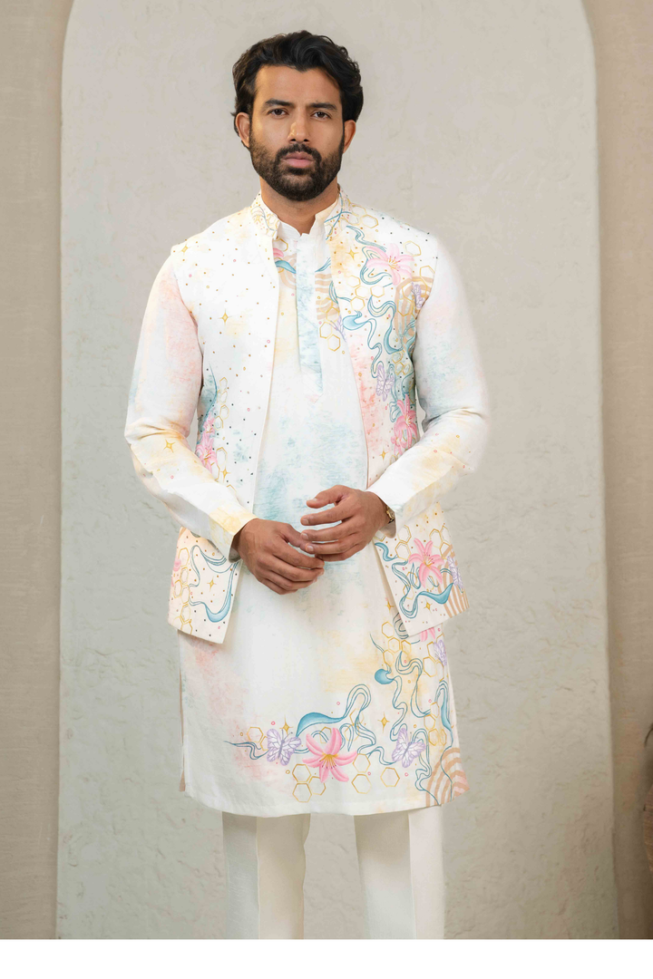 Ivory - Hand Paint & French Knots - Dupion - Indo Western