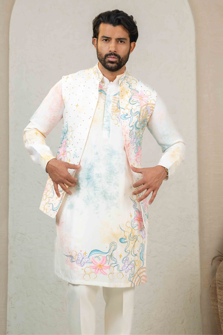 Ivory - Hand Paint & French Knots - Dupion - Indo Western