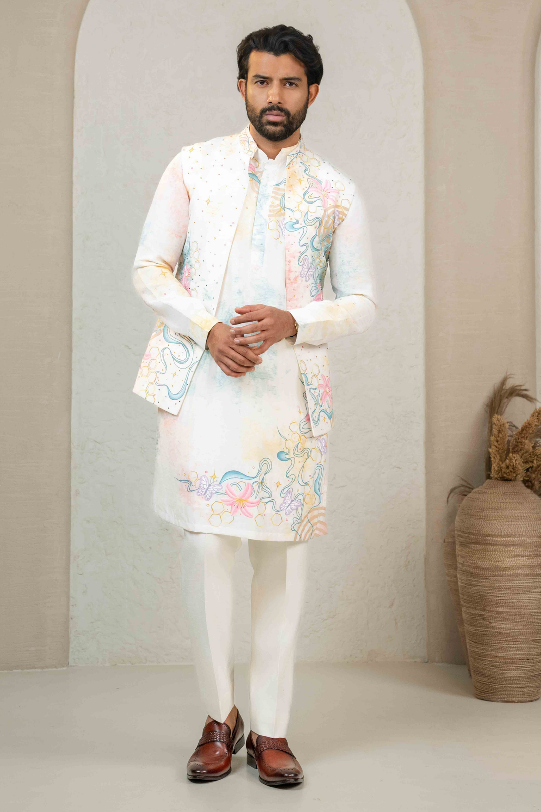 Ivory - Hand Paint & French Knots - Dupion - Indo Western – Image 7