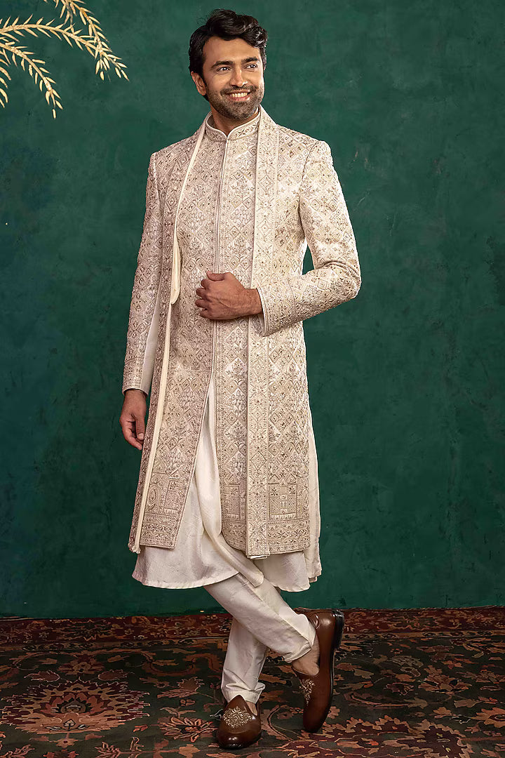Ivory Manually Embroidered Sherwani Set – Image 1