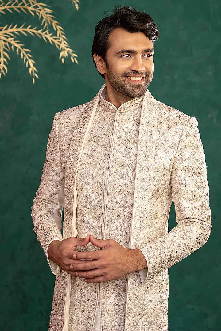 Ivory Manually Embroidered Sherwani Set