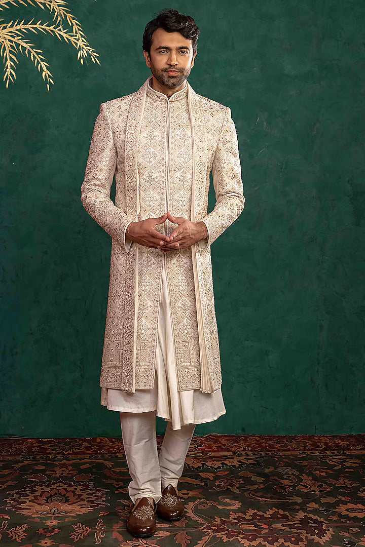 Ivory Manually Embroidered Sherwani Set – Image 3