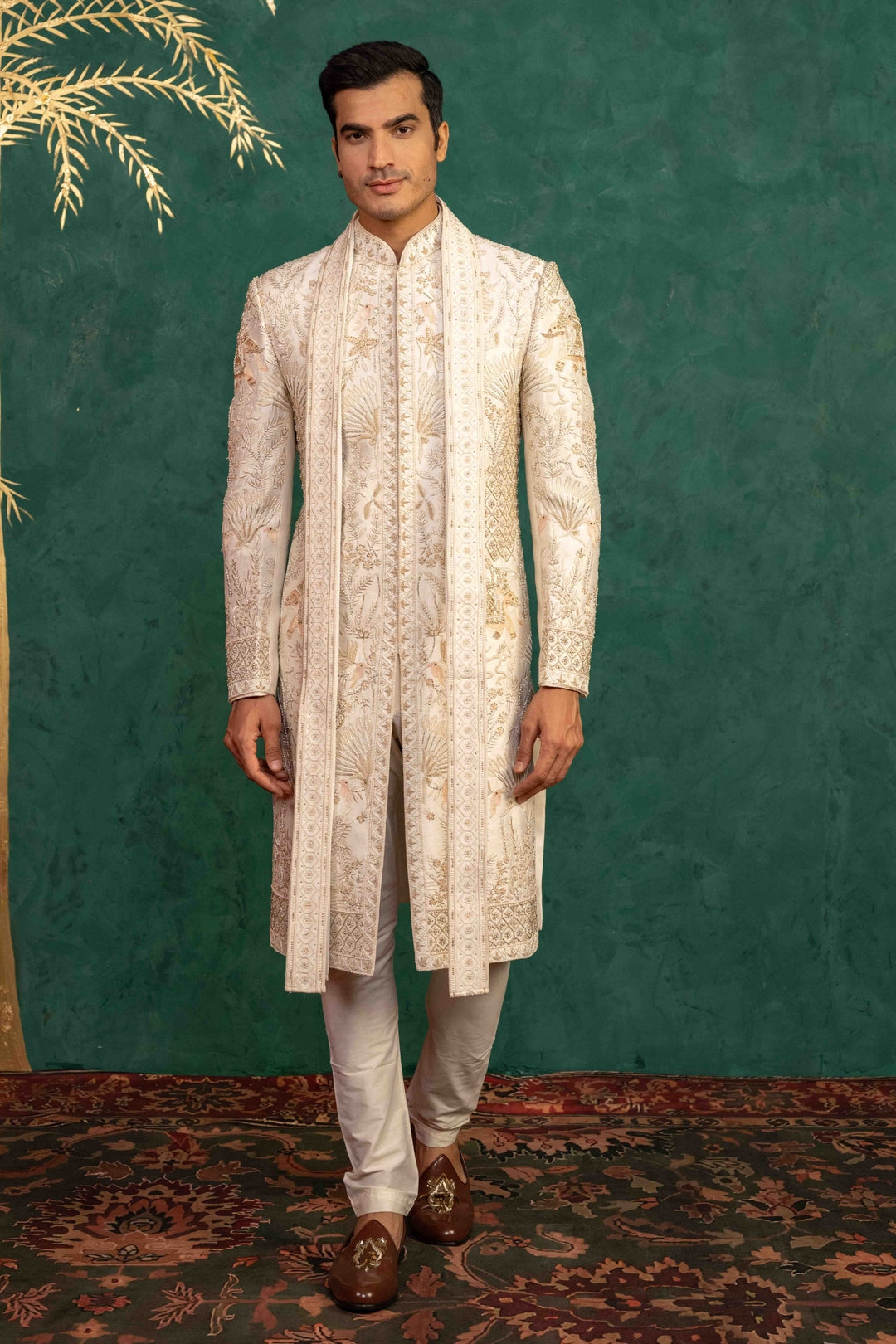 Ivory Raw Silk  Sherwani – Image 3