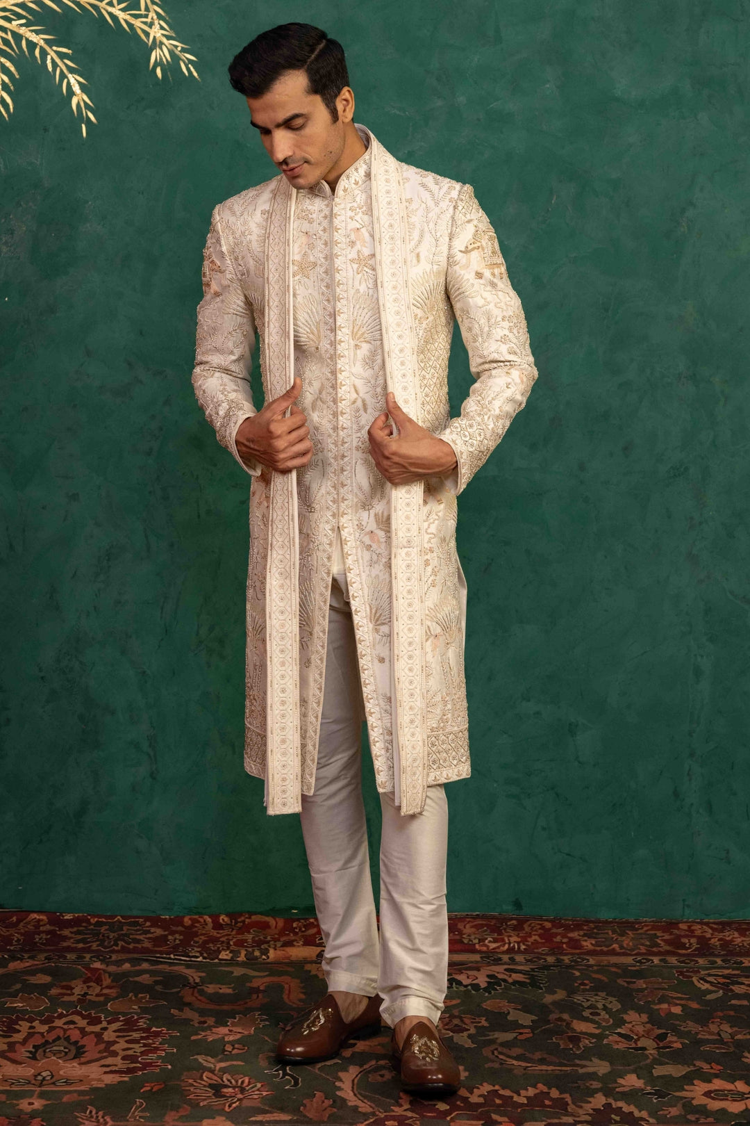 Ivory Raw Silk  Sherwani – Image 4