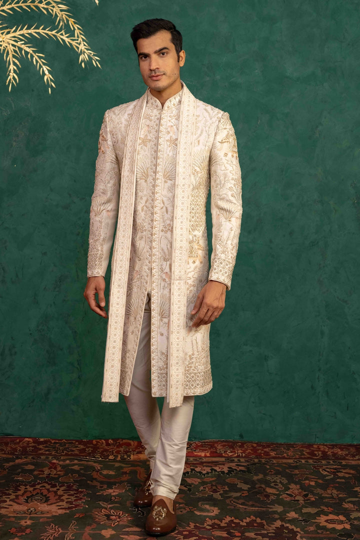 Ivory Raw Silk  Sherwani