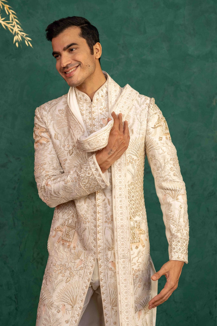 Ivory Raw Silk  Sherwani