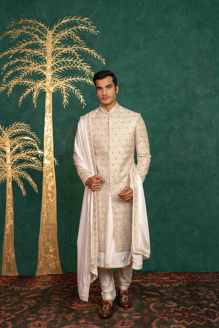 Ivory Raw Silk sherwani