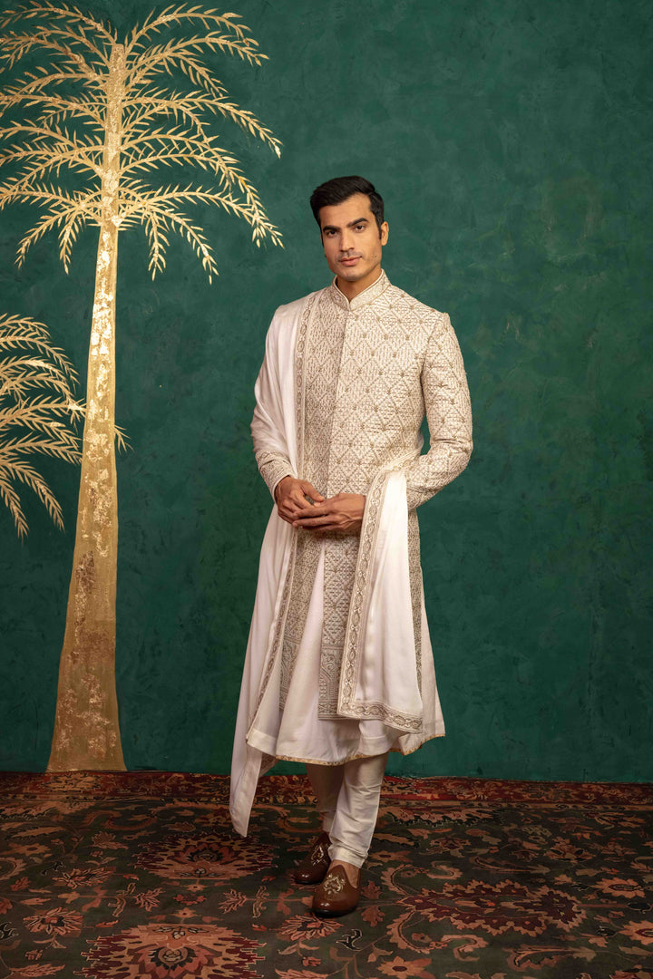 Ivory Raw Silk sherwani