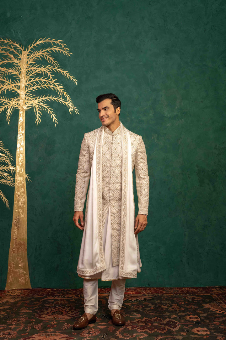 Ivory Raw Silk sherwani