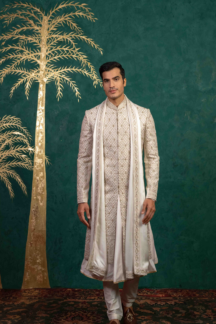 Ivory Raw Silk sherwani