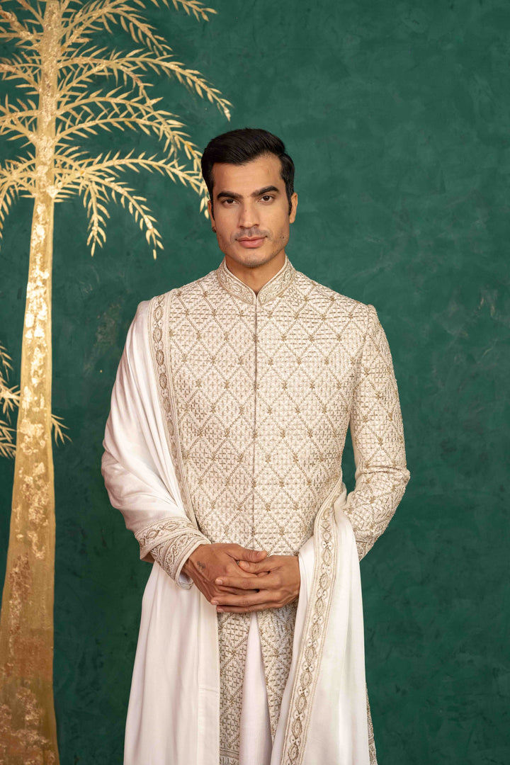 Ivory Raw Silk sherwani