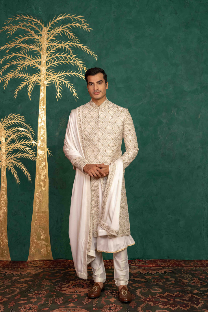 Ivory Raw Silk sherwani