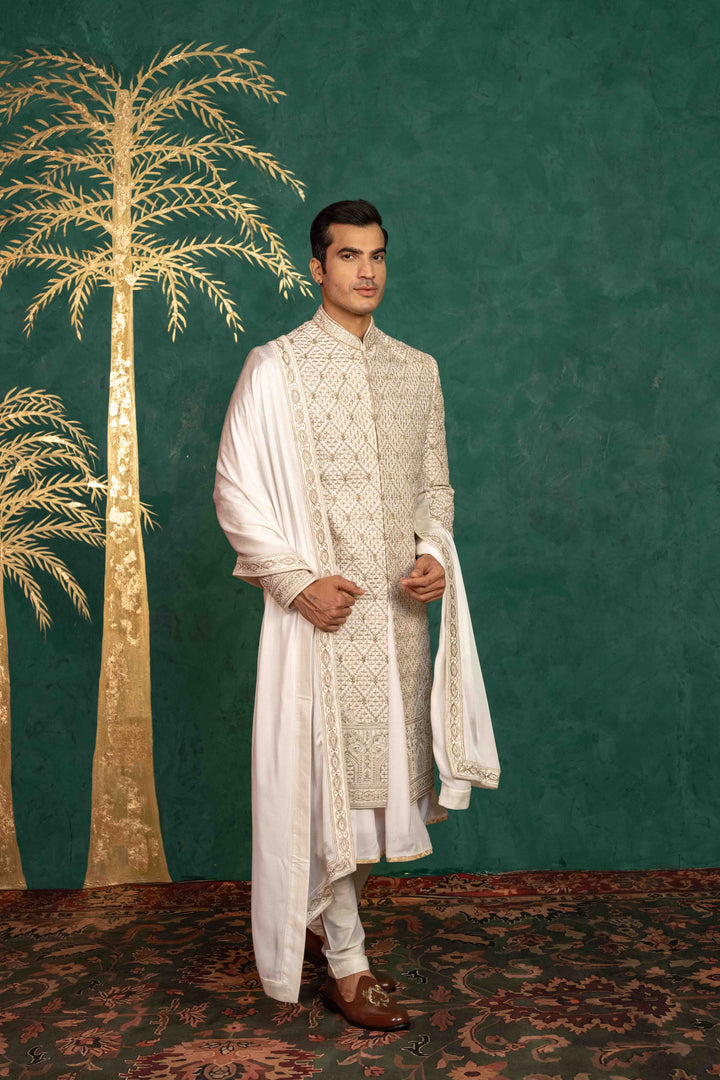 Ivory Raw Silk sherwani
