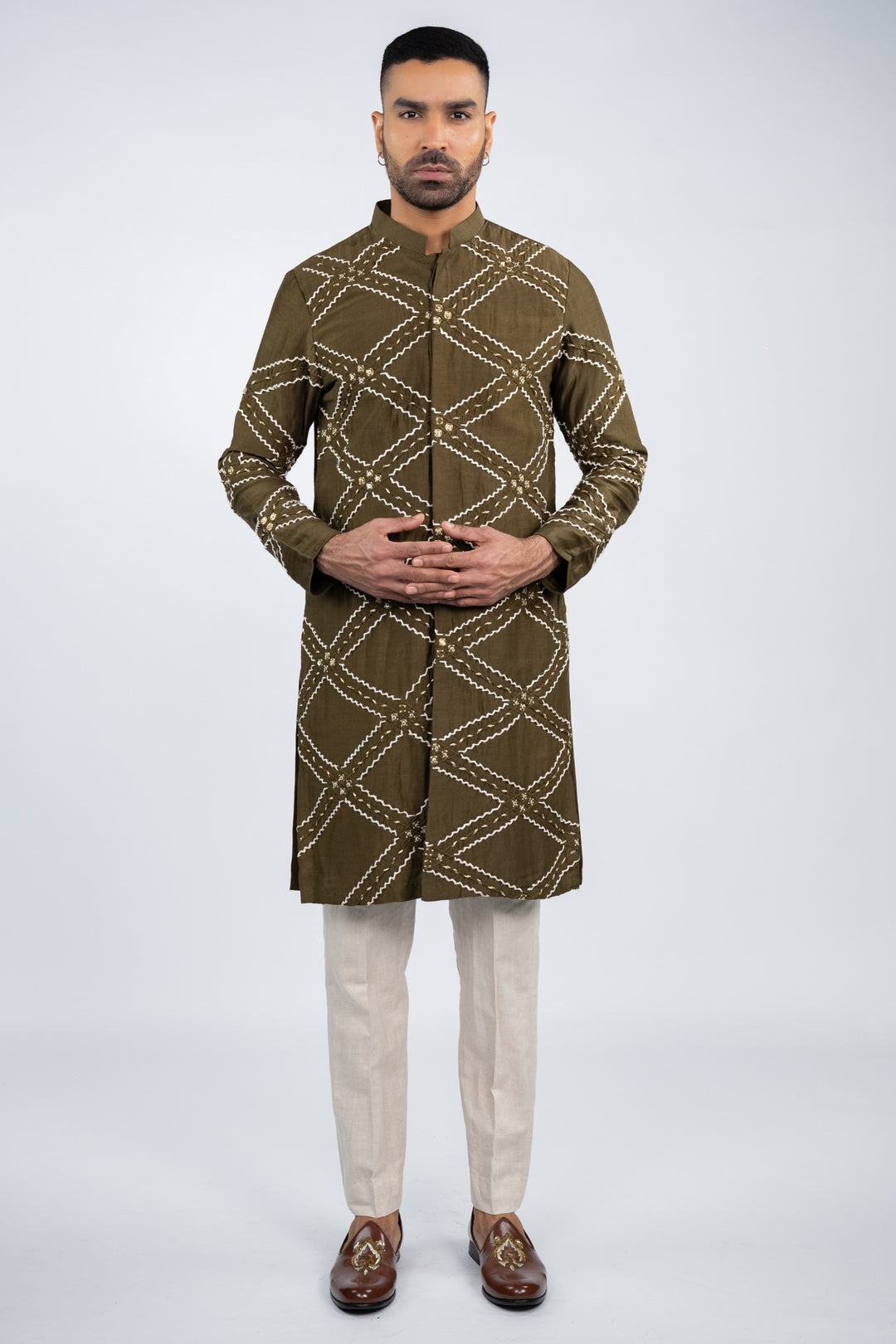 Khaki Front Open Kurta Set – Image 3