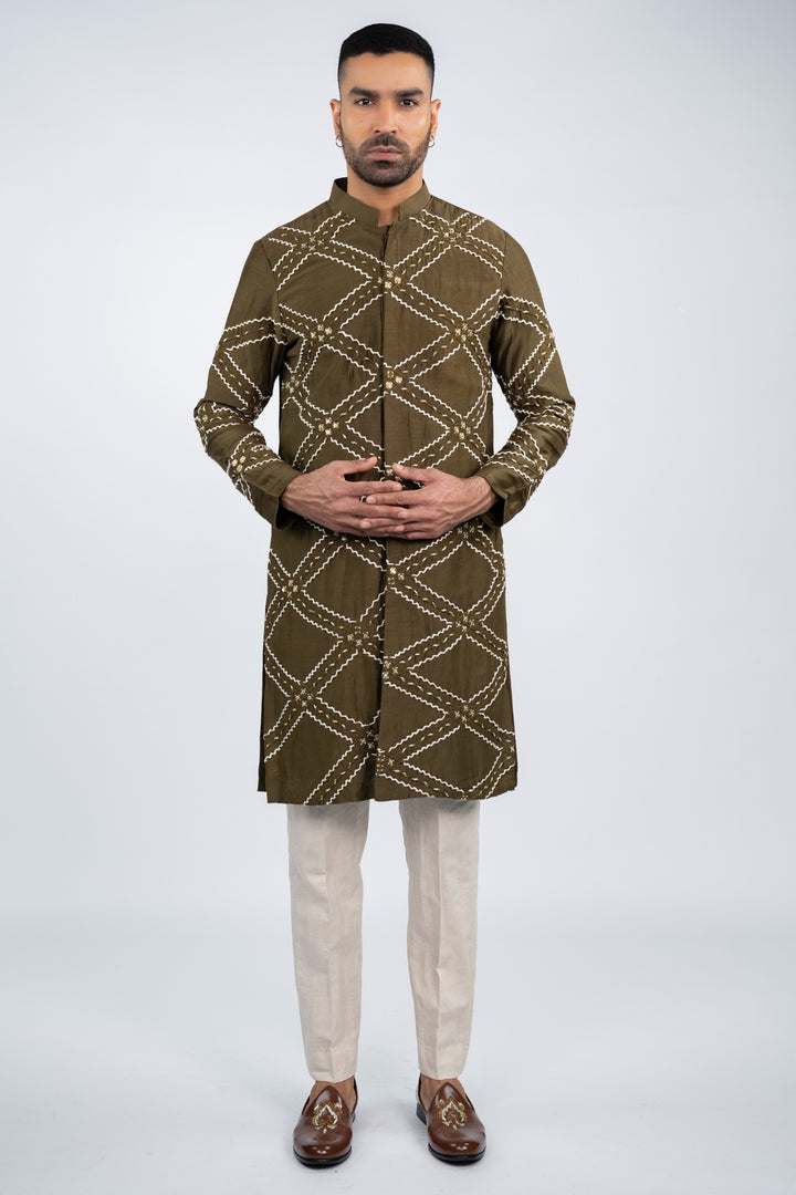 Khaki Front Open Kurta Set