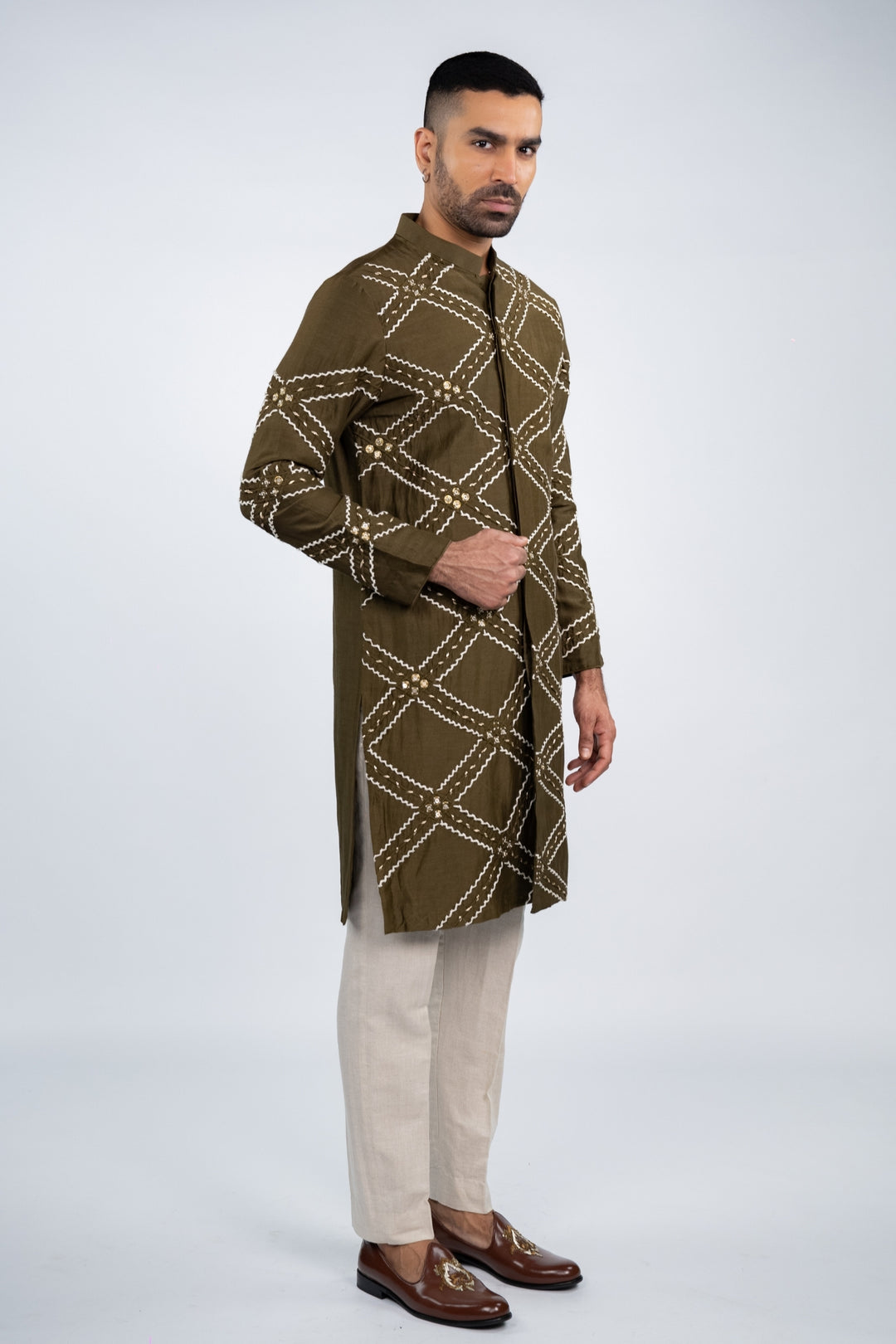 Khaki Front Open Kurta Set – Image 4