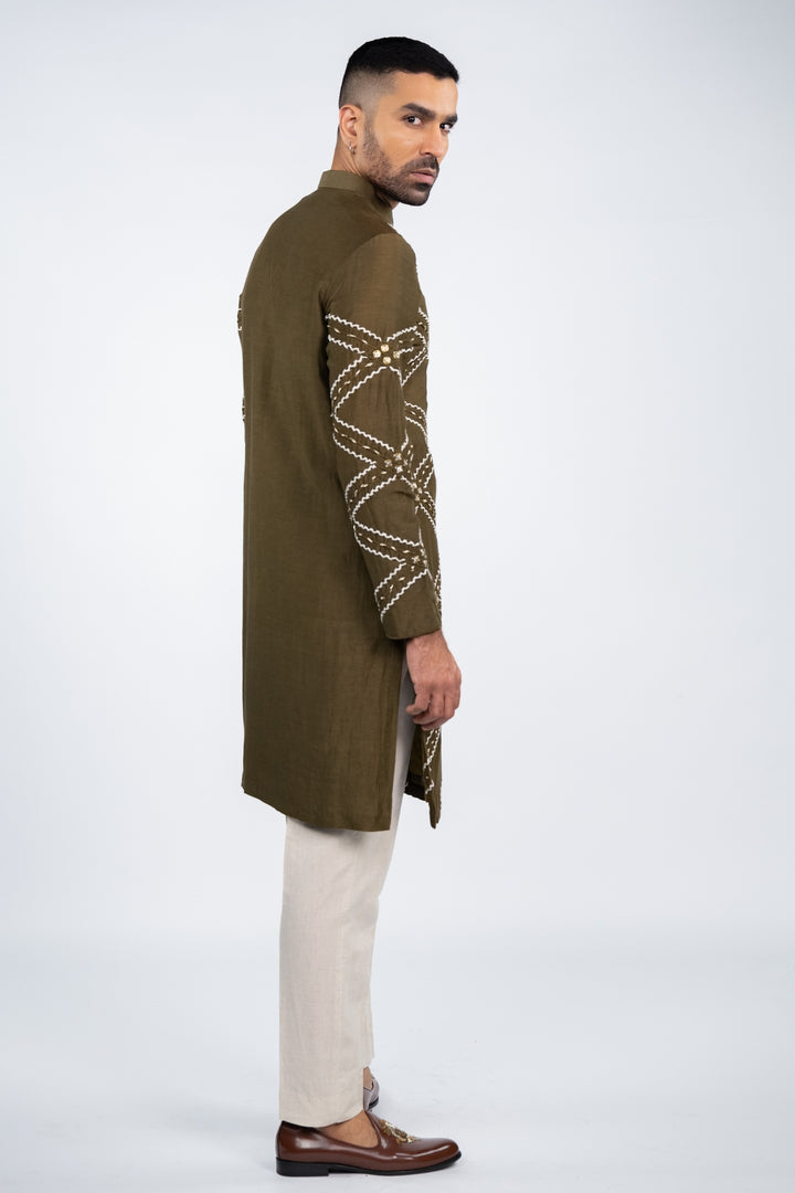 Khaki Front Open Kurta Set