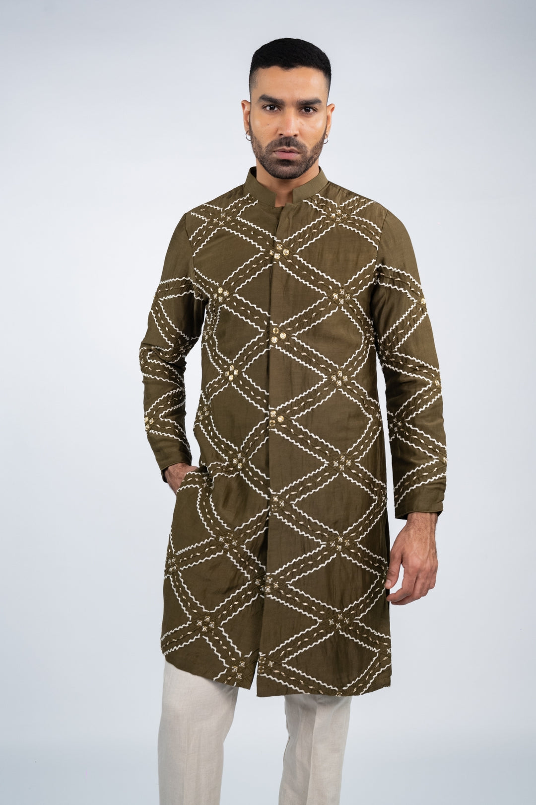 Khaki Front Open Kurta Set