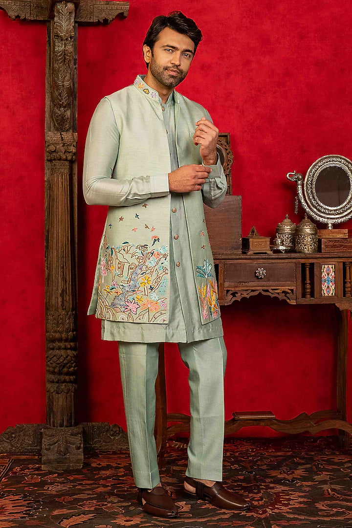 Light Blue Jacket Set With Sequin Embroidery