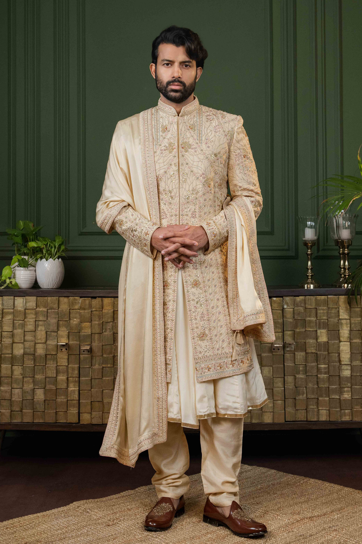 Light Gold - Zardoshi & Stones - Dupion - Sherwani