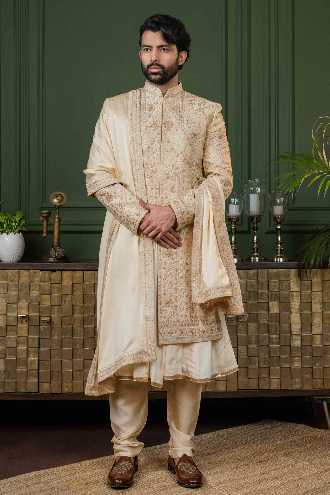 Light Gold - Zardoshi & Stones - Dupion - Sherwani – Image 2