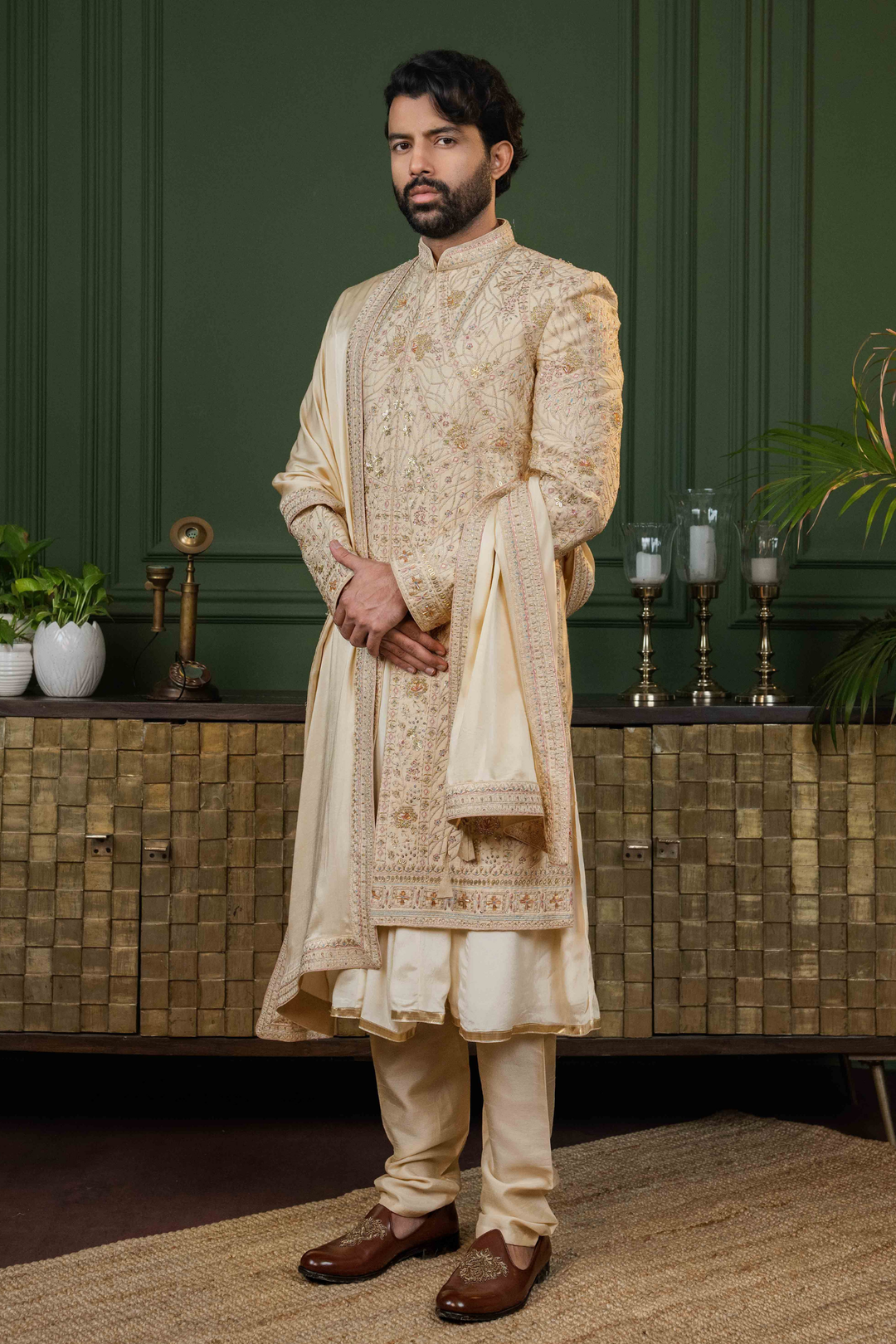 Light Gold - Zardoshi & Stones - Dupion - Sherwani – Image 3