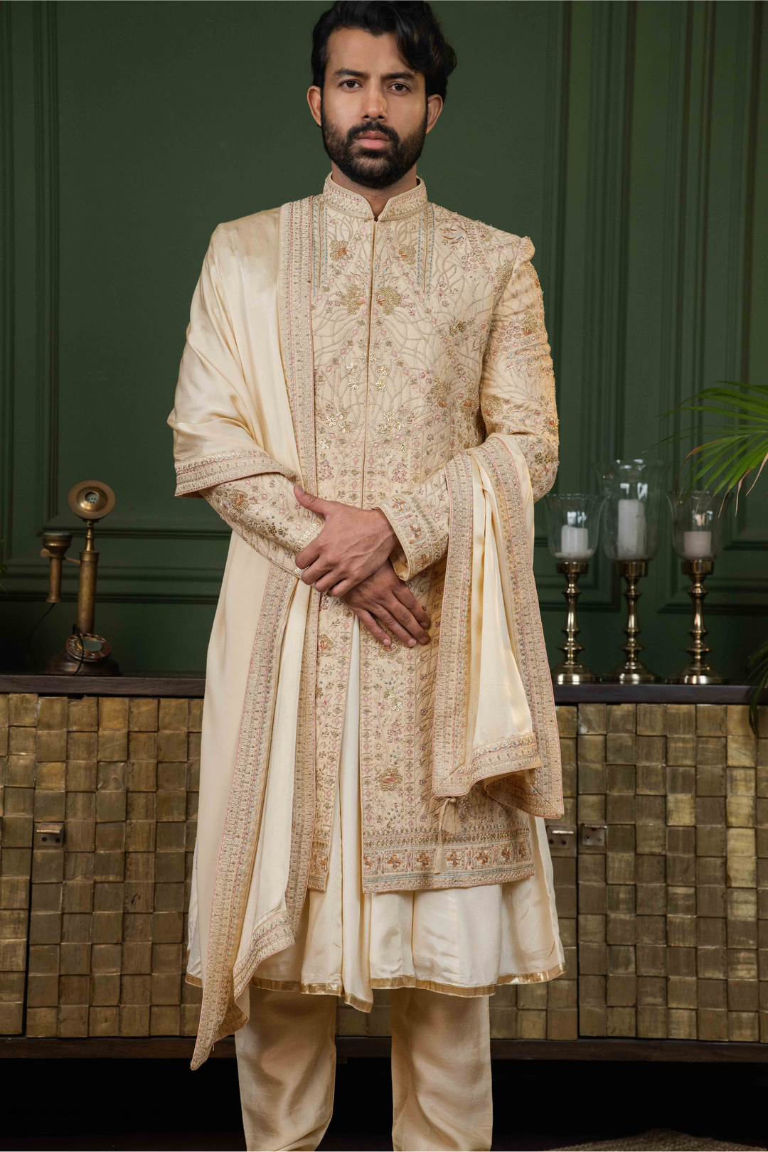 Light Gold - Zardoshi & Stones - Dupion - Sherwani – Image 7